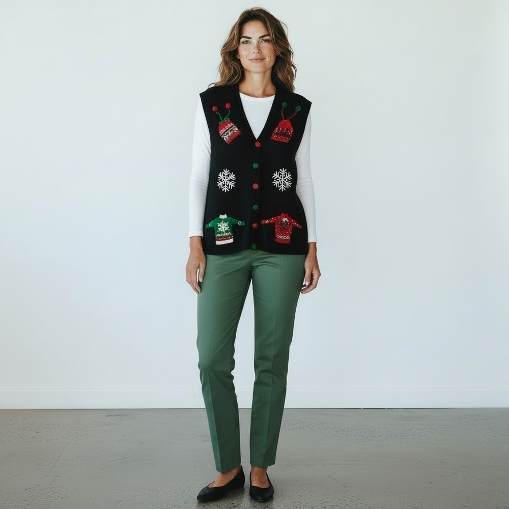 Vintage Marisa Christina Christmas Vest Hats Mittens Beads Snowmen Trees Size 3X